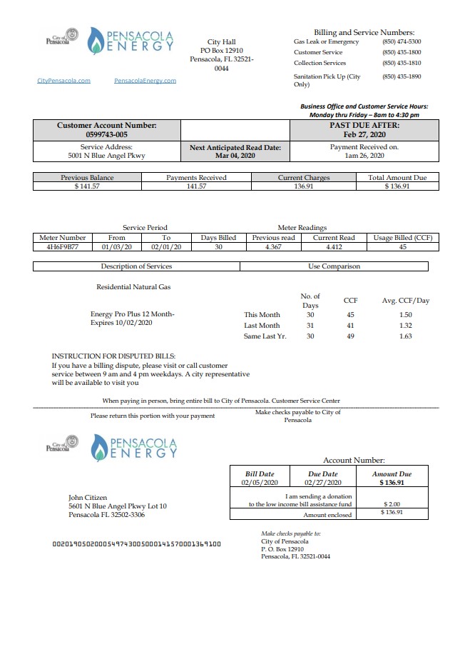 USA Florida Pensacola Energy utility bill template in Word and PDF format